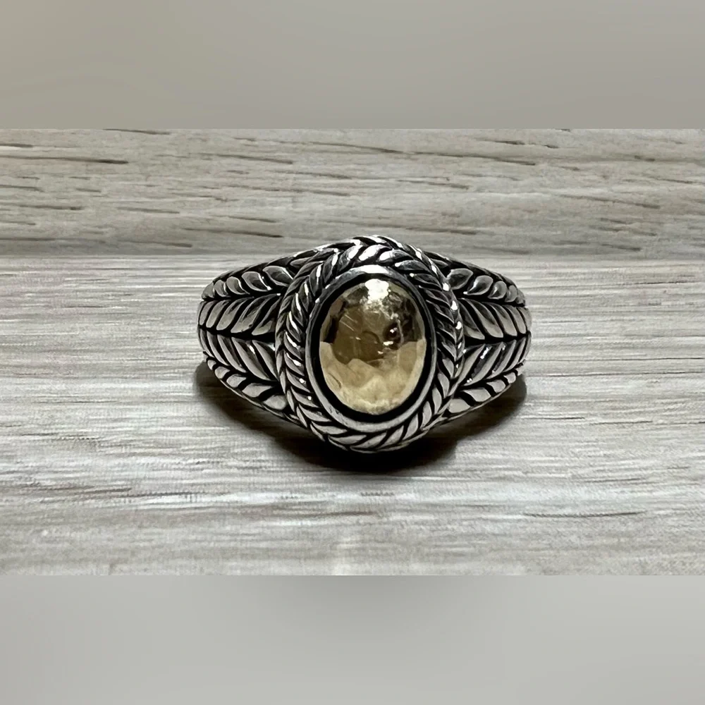 Designer JAI John Hardy Sterling Silver/14 K Gold Basket Weave Ring, Size 5 - Picture 1 of 8